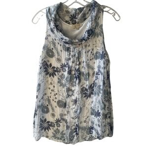 Ambra‎ Italy Blue White Floral 100% Silk Cowl Neck Sleeveless Top Blouse Small